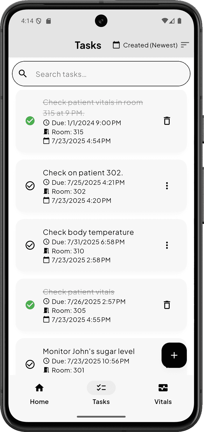 Task and reminder list screen in the clinical assistant