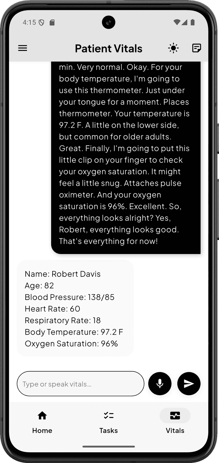 Patient vitals screen in the clinical assistant