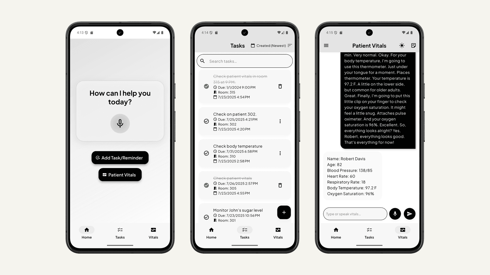 Three screens from the clinical assistant app: a voice prompt reading 'How can I help you today?', a task list, and a patient vitals view
